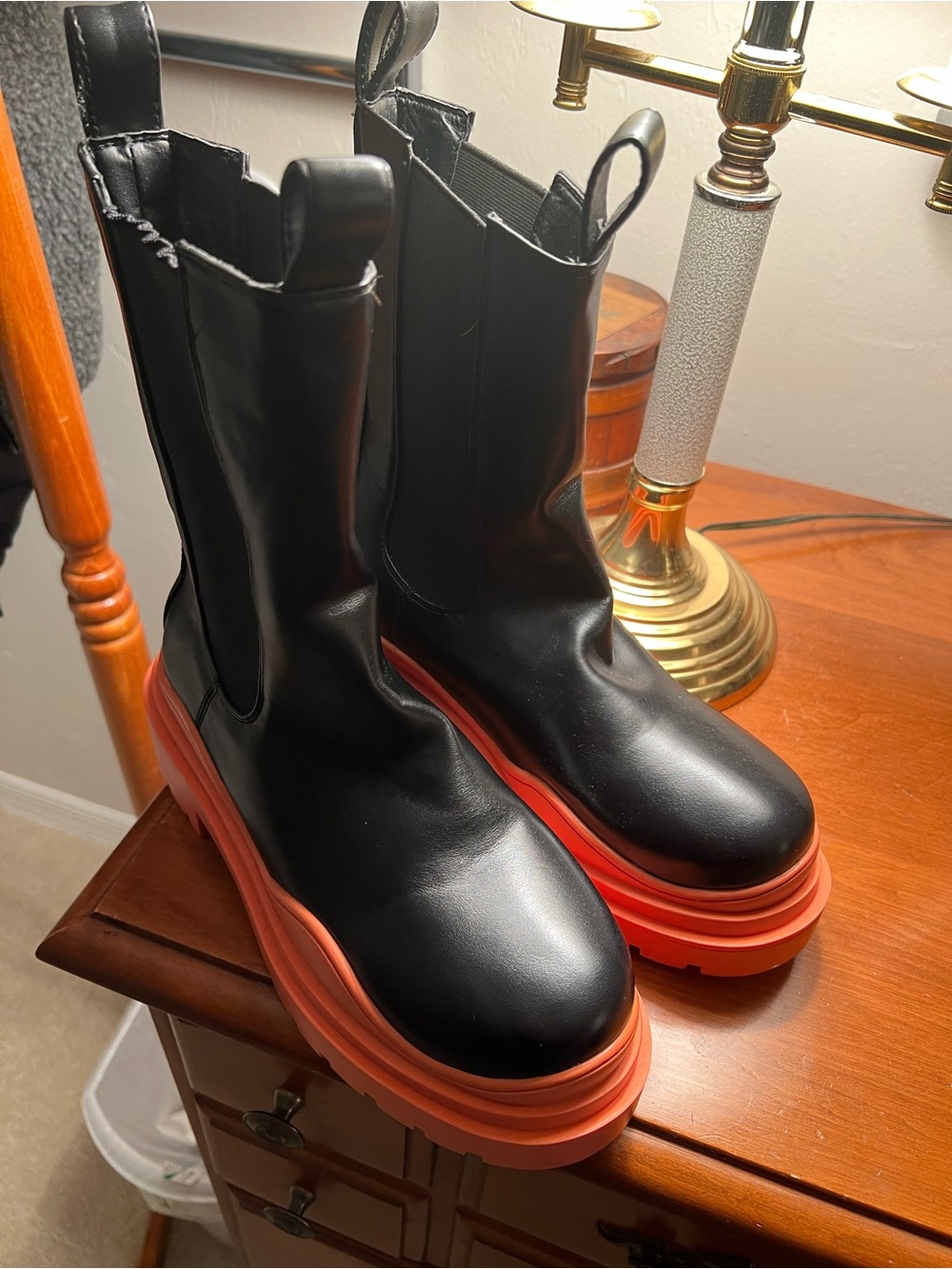 Black Ankle Platform Boots with Orange Sole